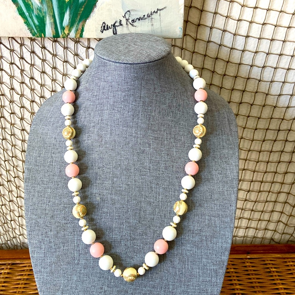 Vintage LONG Japan Pink White Cream Lucite Beaded Necklace